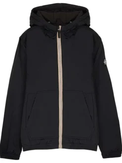 Blouson déperlant noir avec col à capuche, zip tricolore et logo de la marque