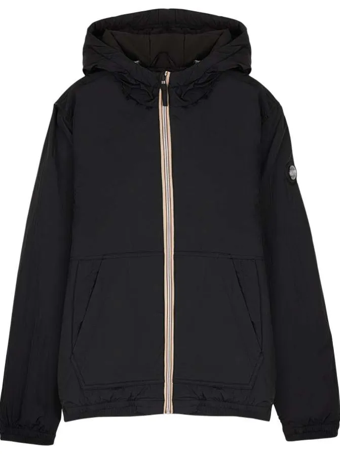 Blouson déperlant noir avec col à capuche, zip tricolore et logo de la marque