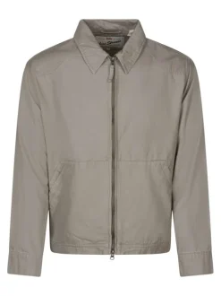 Blouson en coton beige uni avec une coupe droite et un col à revers