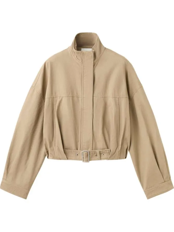 Blouson en coton beige uni pourvu d'une coupe droite et d'un col montant