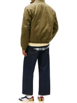 Blouson en coton biologique kaki uni avec une coupe droite et un col montant