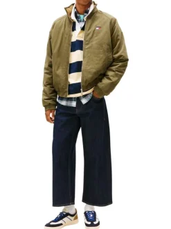 Blouson en coton biologique kaki uni avec une coupe droite et un col montant