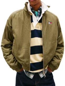 Blouson en coton biologique kaki uni avec une coupe droite et un col montant
