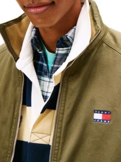 Blouson en coton biologique kaki uni avec une coupe droite et un col montant
