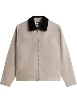 Blouson en coton biologique taupe uni avec une coupe droite et un col à revers