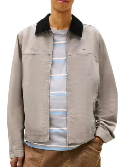 Blouson en coton biologique taupe uni avec une coupe droite et un col à revers