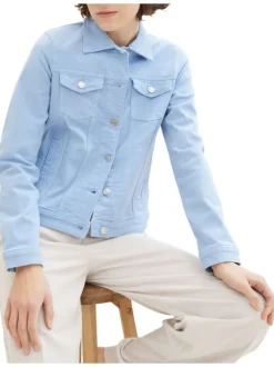 Blouson en coton bleu uni avec une coupe droite et un col français