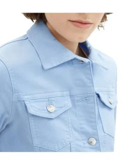 Blouson en coton bleu uni avec une coupe droite et un col français