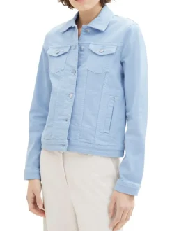 Blouson en coton bleu uni avec une coupe droite et un col français
