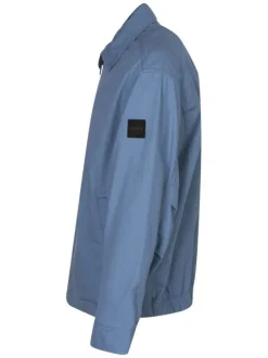 Blouson en coton bleu uni avec une coupe droite et un col à revers