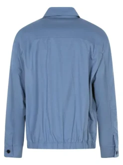 Blouson en coton bleu uni avec une coupe droite et un col à revers
