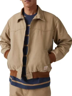 Blouson en coton camel uni avec une coupe droite et un col à revers