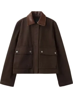 Blouson en coton chocolat uni pourvu d'un col chemise et d'une coupe droite