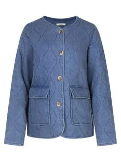 Blouson en coton indigo matelassé à coupe droite avec un col rond