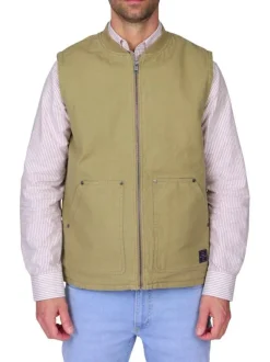 Blouson en coton kaki sans manche à coupe droite pourvu d'un col rond