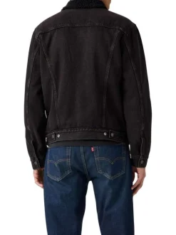 Blouson en coton noir délavé en jean avec une coupe droite et un col à revers