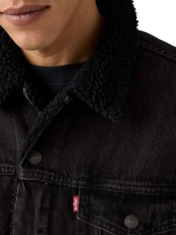 Blouson en coton noir délavé en jean avec une coupe droite et un col à revers
