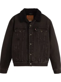 Blouson en coton noir délavé en jean avec une coupe droite et un col à revers
