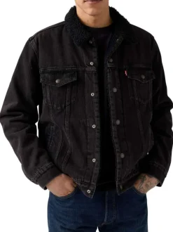 Blouson en coton noir délavé en jean avec une coupe droite et un col à revers