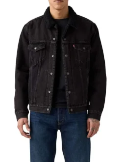 Blouson en coton noir délavé en jean avec une coupe droite et un col à revers