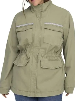 Blouson en coton vert à coupe droite pourvu d'un col montant