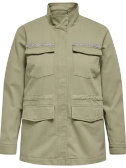 Blouson en coton vert à coupe droite pourvu d'un col montant