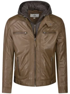 Blouson en cuir camel avec un col à capuche et une doudoune en nylon intégrée