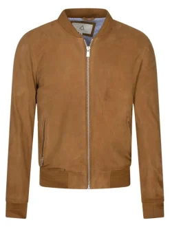 Blouson en cuir de chèvre camel uni à coupe droite avec col bomber et 2 poches