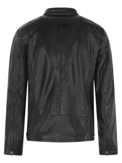Blouson en cuir de mouton anthracite uni avec une coupe ajustée et un col rond