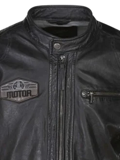 Blouson en cuir de mouton anthracite uni avec une coupe ajustée et un col rond