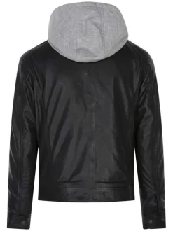 Blouson en cuir de mouton anthracite uni avec une coupe biker et une capuche