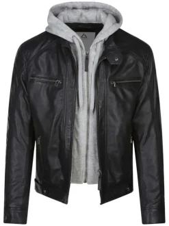 Blouson en cuir de mouton anthracite uni avec une coupe biker et une capuche