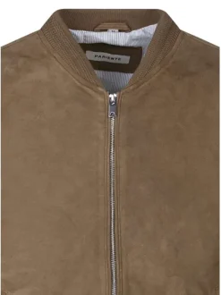 Blouson en cuir de mouton beige uni avec une coupe droite et un col rond