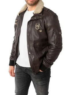 Blouson en cuir de mouton brun uni avec une coupe droite et un col à revers