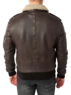 Blouson en cuir de mouton brun uni avec une coupe droite et un col à revers
