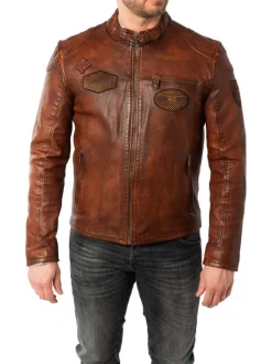 Blouson en cuir de mouton camel avec patchs à coupe droite et à col rond