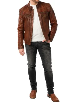 Blouson en cuir de mouton camel avec patchs à coupe droite et à col rond