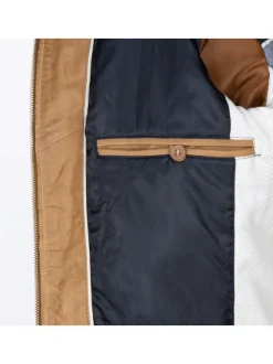 Blouson en cuir de mouton camel uni avec plusieurs poches zippées argentées