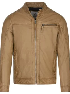 Blouson en cuir de mouton camel uni avec plusieurs poches zippées argentées