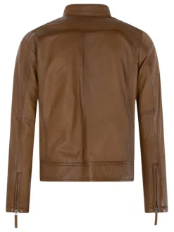Blouson en cuir de mouton camel uni avec une coupe droite et un col rond