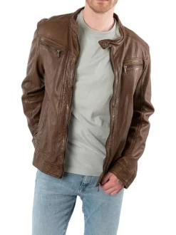 Blouson en cuir de mouton marron uni avec une coupe ajustée et un col montant