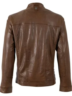 Blouson en cuir de mouton marron uni avec une coupe ajustée et un col montant