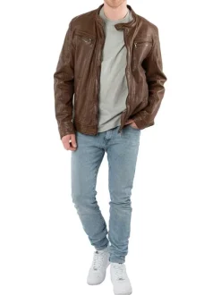 Blouson en cuir de mouton marron uni avec une coupe ajustée et un col montant