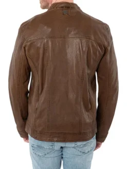 Blouson en cuir de mouton marron uni avec une coupe ajustée et un col montant