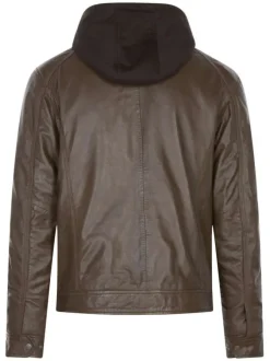 Blouson en cuir de mouton marron uni avec une coupe biker et une capuche