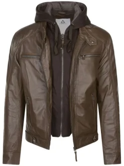 Blouson en cuir de mouton marron uni avec une coupe biker et une capuche