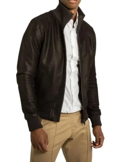 Blouson en cuir de mouton marron uni avec une coupe droite et un col montant