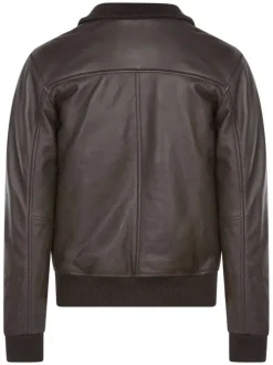 Blouson en cuir de mouton marron uni avec une coupe droite et un col montant