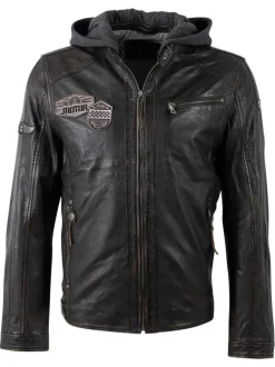 Blouson en cuir de mouton noire uni avec une coupe ajustée et un col à capuche