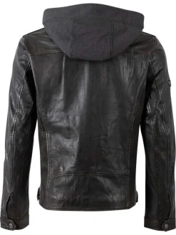 Blouson en cuir de mouton noire uni avec une coupe ajustée et un col à capuche